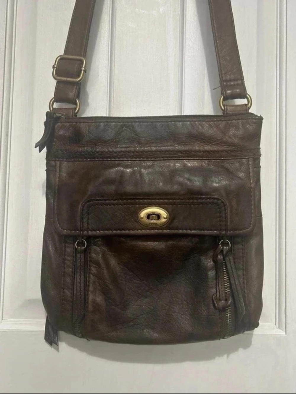 Fossil Dark Brown Faux Leather Messenger Crossbody